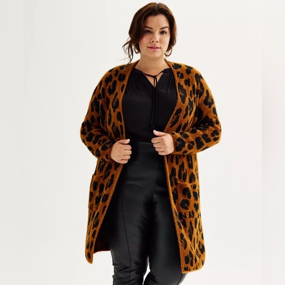 Nine West Sweaters - Nine West Leopard Print Eyelash Knit Cardigan Duster Brown Black Plus 1X